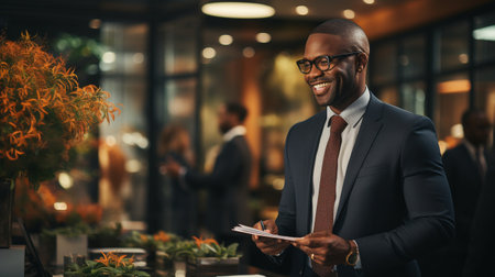African American businessman at the office conversing with a coworker while using a digital tablet.の素材