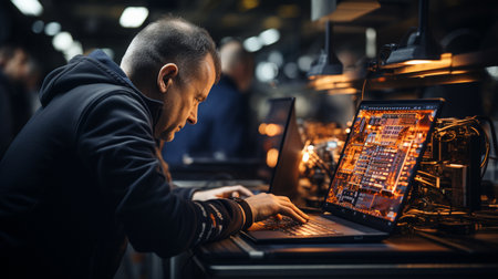 an engineer with a laptop A huge machine that is fully automated is managed by a programmable logic controller.の素材