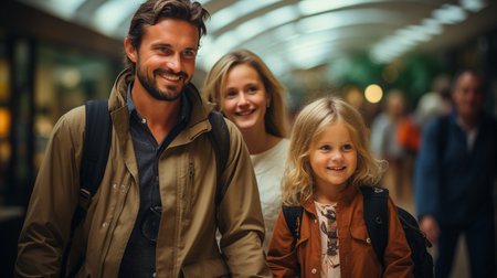 At the airport, a family with children departing for a vacation.の素材