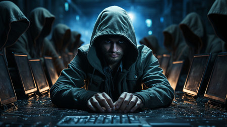 Behind a laptop monitor is a hacker.の素材