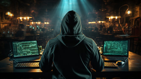 Behind a laptop monitor is a hacker.の素材