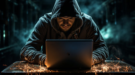 Behind a laptop monitor is a hacker.の素材