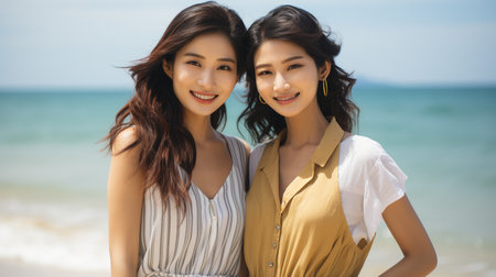 Portrait of two lovely Asian women on the beachの素材