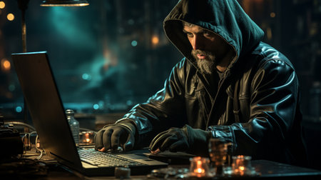 Behind a laptop monitor is a hacker.の素材