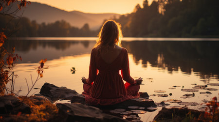Woman Yoga - Unwind in the wilderness by the lakeの素材