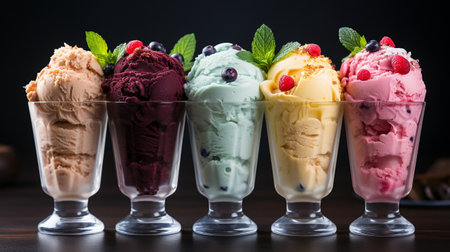 a variety of vibrant flavours of ice cream with fruitsの素材