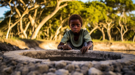 The world's symbol for water scarcity. A young guy from Africa isg for water. In regions like Sub-Saharan Africa, time spent gathering water is lost.の素材