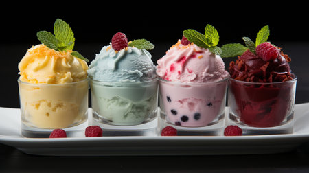 a variety of vibrant flavours of ice cream with fruitsの素材