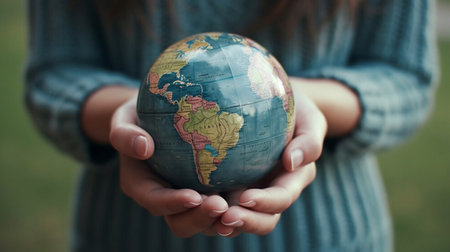 depicting a world globe in feminine handsの素材