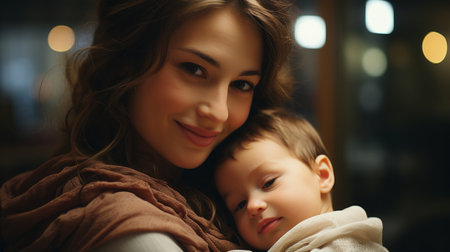 woman cradling her son when he was bornの素材