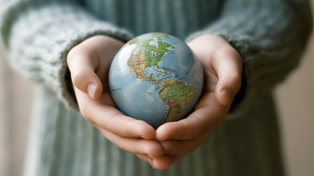 depicting a world globe in feminine handsの素材