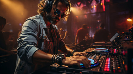At the club, the DJ spins the best, most renowned CD players.の素材