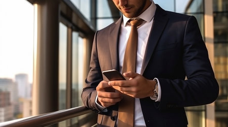 a young, successful employee and entrepreneur Corporate solicitors use a mobile phone while working at an office while wearing a traditional, formal shirt tie.の素材
