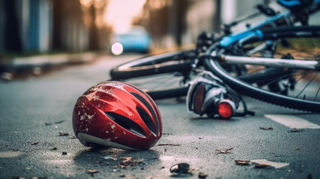 After an automobile accident, a bicycle helmet is seen in close-up lying on the pavement next to a bicycle in a city street.の素材