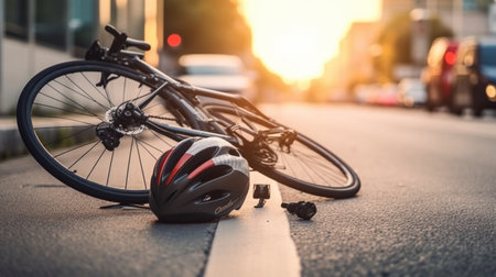 After an automobile accident, a bicycle helmet is seen in close-up lying on the pavement next to a bicycle in a city street.の素材