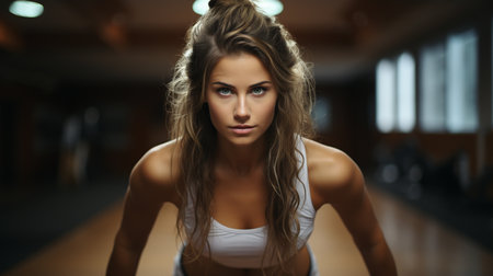 Sporting woman doing out on a mat in the gymの素材