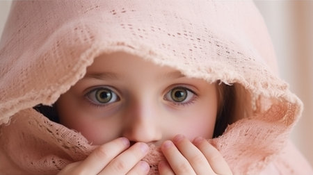Little girl acting afraid, sobbing, or playing with a boo-peepの素材