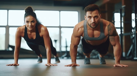 Active male and female performing ab exercisesの素材