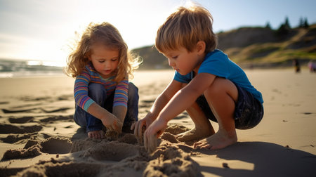 At the beach, a brother and sister are playing on the sand.の素材