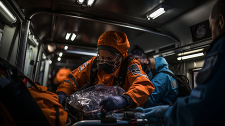 stretcher being removed from an ambulance by paramedicsの素材