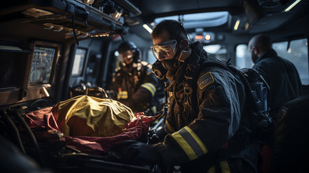 stretcher being removed from an ambulance by paramedicsの素材