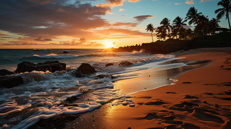 Sunset on a lovely beach with coconut treesの素材