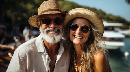 A loving couple is travelling by boat for a Bali vacation, summer independence, and retirement travel. A senior couple, a smile, and loveの素材