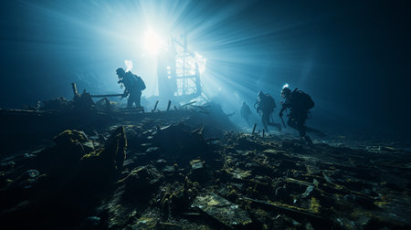 divers investigating an undersea metal wreck on the ocean floorの素材