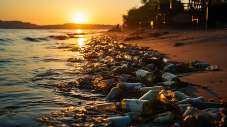 Volunteers should clean up litter because plastic bottles and beach trash are difficult to decompose and could harm aquatic life. Environment, Earthの素材