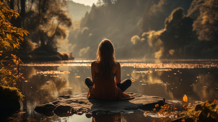 meditating person in nature, focusing on calmness, concentration, and relaxationの素材