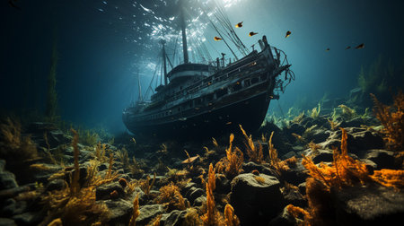 With its disjointed structure spanning the ocean floor, the photograph demonstrates the shipwreck's enormous scale.の素材