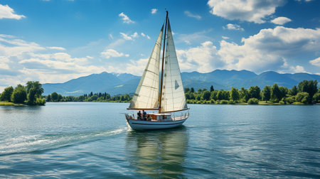 Sailing boat in a lake with mountains and a lush forest in the backdrop.の素材