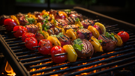 Skewers of meat and vegetables sizzling on the grillの素材