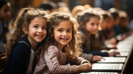 schoolchildren using computers.の素材