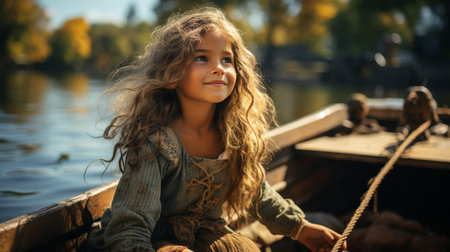 a young woman sitting in a retro boatの素材