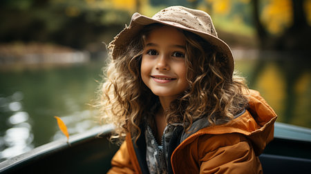 a young woman sitting in a retro boatの素材