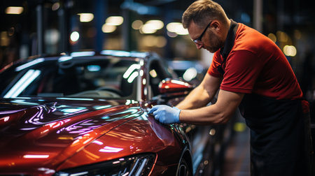 a man working at an auto detailing shop polishes the car's lacquer.の素材