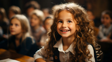 Cute children are excitedly studying in the classroom at school.の素材