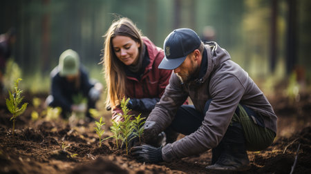 a team of volunteers is engaged in forest reforestationの素材