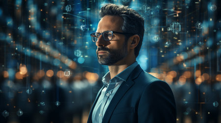 Businessman demonstrating a computerised representation of a human being Business concept for personnel management.の素材