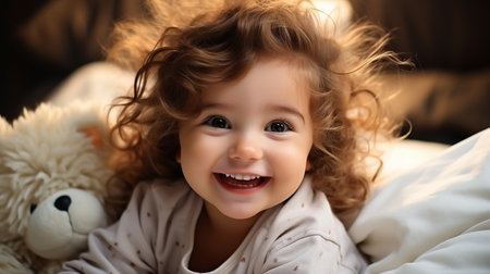 Cute little toddlers poking their feet on the bed, laughing and grinning, being silly, and being happyの素材