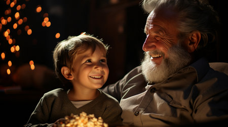 grandfather and child viewing a filmの素材