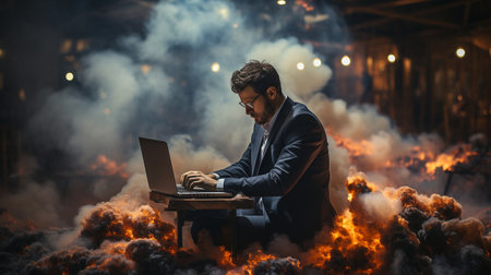 Businessman in burnout with laptop and back discomfortの素材