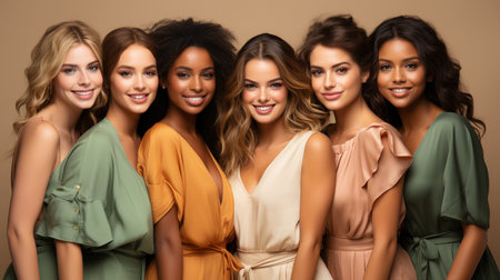 Beautiful young women in a group against a beige background.の素材