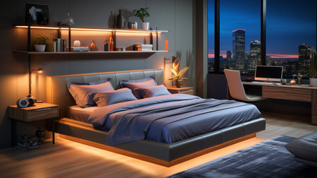 Stylish bedroom at night with multicoloured LED strip lightsの素材