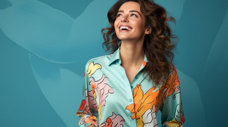 Full-length photograph of a happy, joyful woman in a print shirt with her finger chin pointing towards the distance on a blue colour background.の素材