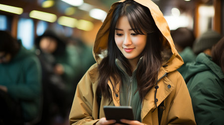 a cheerful young Asian woman using a smart phone while in a tube station, lifestyle,の素材