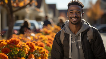 Black man beams as he leans on the balcony of his flat.の素材