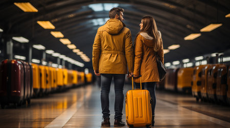 On a platform, a man and a woman are carrying a yellow suitcase. At the train station, a couple arrives at their destination. Tourists wait for the train to arrive before departingの素材