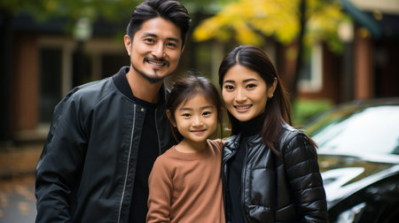 After picking up their daughter from school, progressive parents returned with the idea of using electric vehicles and renewable energy sources.の素材